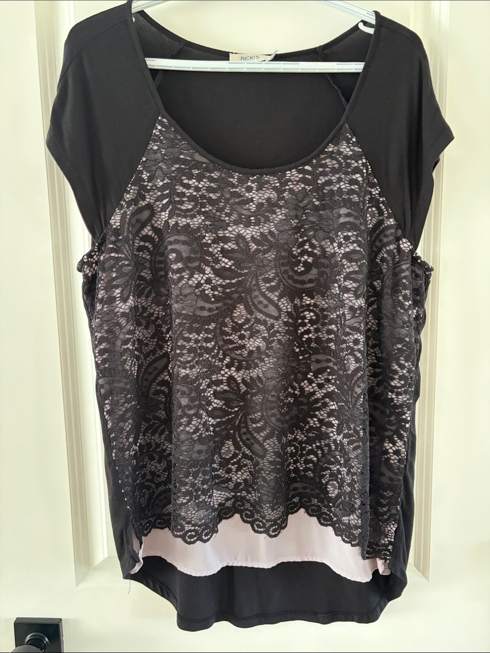 Ricki's Black Lace Overlay Top with LT. Lilac Underlayer